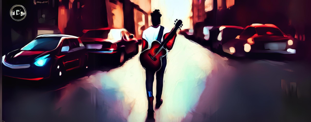 Sing Your Song Projects in Motion, man walking with guitar on his back